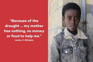 Lewte, 12, quote reads: Because of the drought... my mother has nothing, no money, or food to help me"