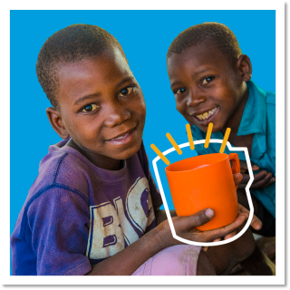 Graphic with two children smiling holding an orange mug with annotated outline of mug