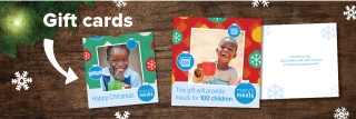 Mary's Meals gift cards sit on a festive wooden background with snowflakes and Christmas tree branches