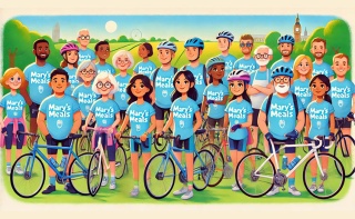 Cartoon image of Mary's Meals supporters with bikes