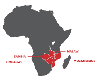 Map of Africa, highlighting Zambia, Zimbabwe, Malawi and Mozambique